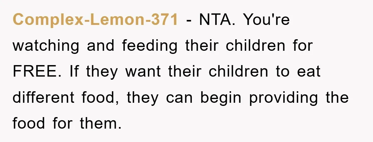 Free Childcare, Accused Of Starving Kids With Veggie Food Complex-Lemon-371 − NTA. You're watching and feeding their children for FREE. If they want their children to eat different food, they can begin providing the food for them.