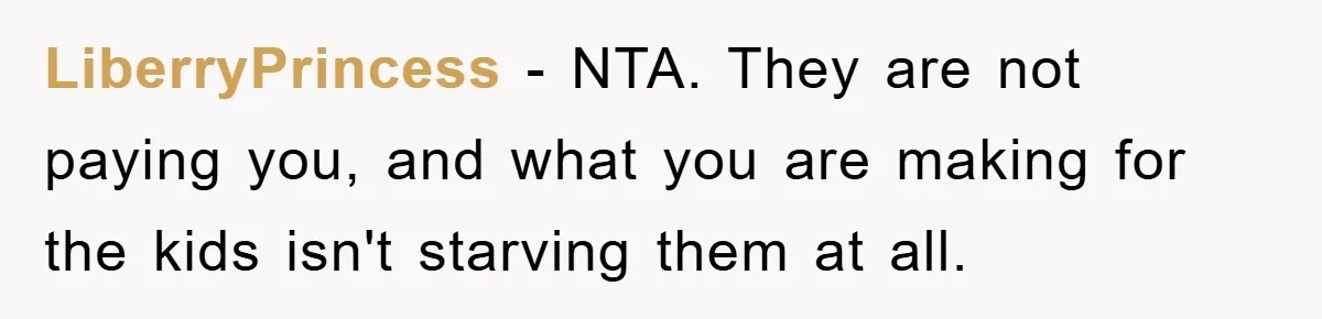 Free Childcare, Accused Of Starving Kids With Veggie Food LiberryPrincess − NTA. They are not paying you, and what you are making for the kids isn't starving them at all.