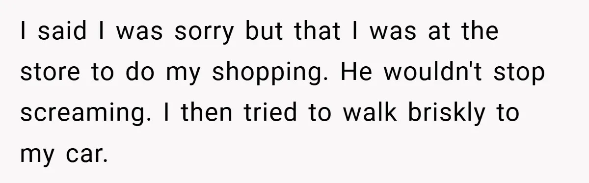 I said I was sorry but that I was at the store to do my shopping. He wouldn't stop screaming. I then tried to walk briskly to my car.
