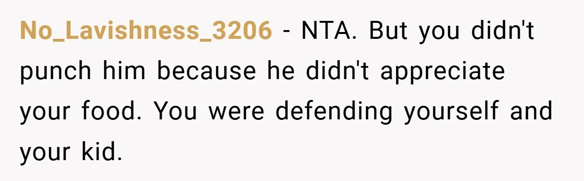 No_Lavishness_3206 − NTA. But you didn't punch him because he didn't appreciate your food. You were defending yourself and your kid.