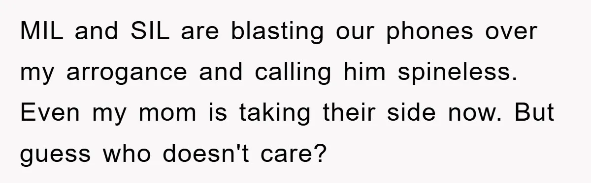MIL and SIL are blasting our phones over my arrogance and calling him spineless. Even my mom is taking their side now. But guess who doesn't care?