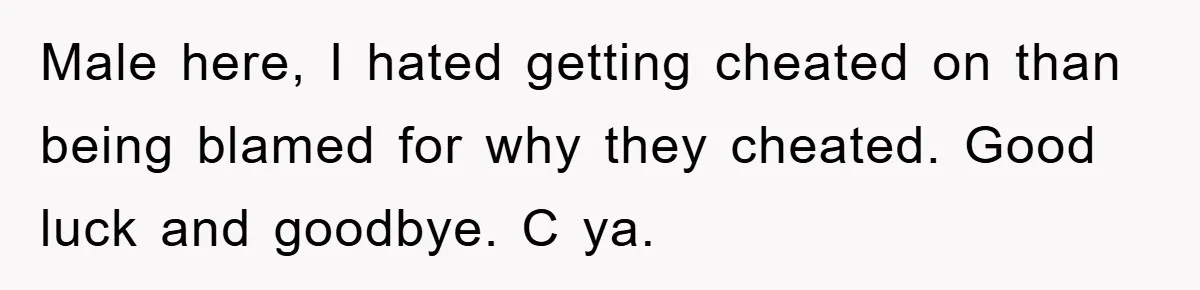 Male here, I hated getting cheated on than being blamed for why they cheated. Good luck and goodbye. C ya.
