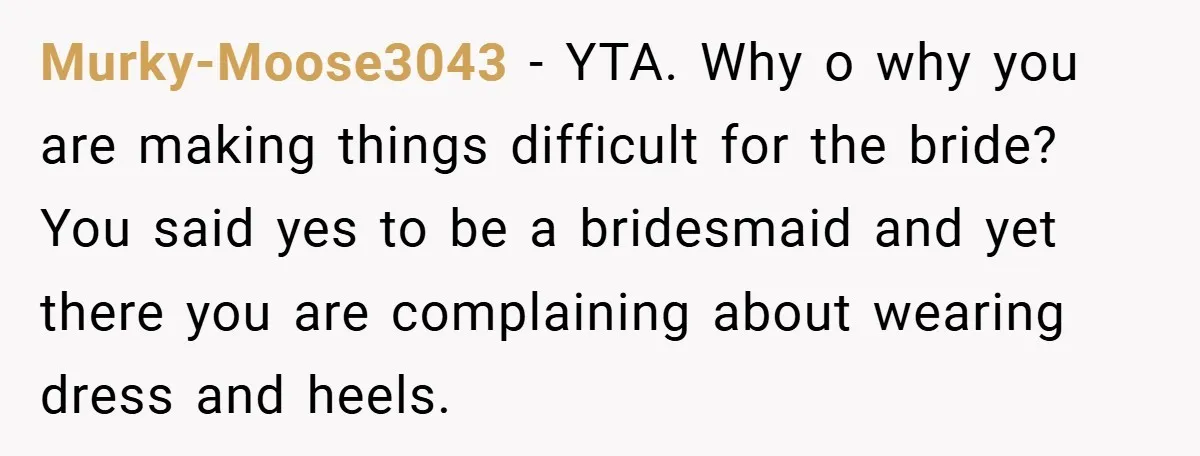 Murky-Moose3043 − YTA. Why o why you are making things difficult for the bride? You said yes to be a bridesmaid and yet there you are complaining about wearing dress...