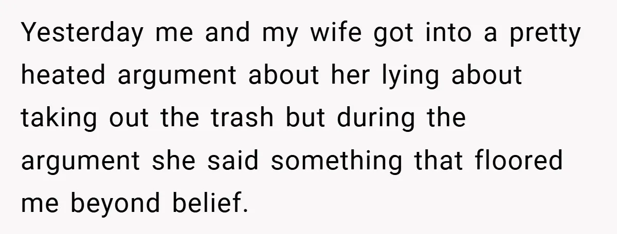 Yesterday me and my wife got into a pretty heated argument about her lying about taking out the trash but during the argument she said something that floored me beyond...