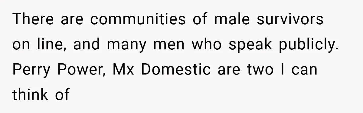 There are communities of male survivors on line, and many men who speak publicly. Perry Power, Mx Domestic are two I can think of