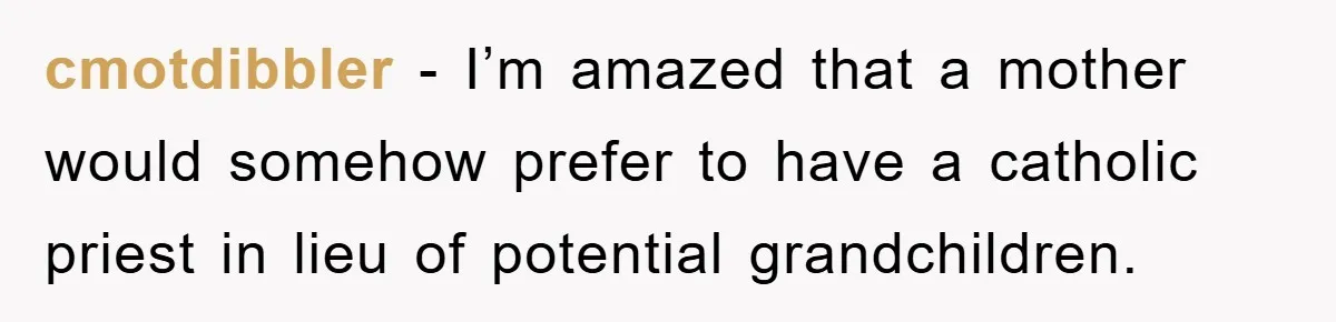 cmotdibbler − I’m amazed that a mother would somehow prefer to have a catholic priest in lieu of potential grandchildren.