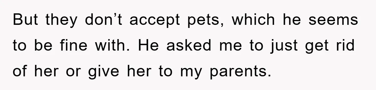 But they don’t accept pets, which he seems to be fine with. He asked me to just get rid of her or give her to my parents.