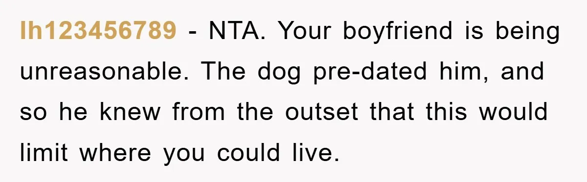 lh123456789 − NTA. Your boyfriend is being unreasonable. The dog pre-dated him, and so he knew from the outset that this would limit where you could live.