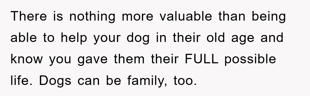 There is nothing more valuable than being able to help your dog in their old age and know you gave them their FULL possible life. Dogs can be family, too.