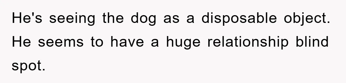He's seeing the dog as a disposable object. He seems to have a huge relationship blind spot.