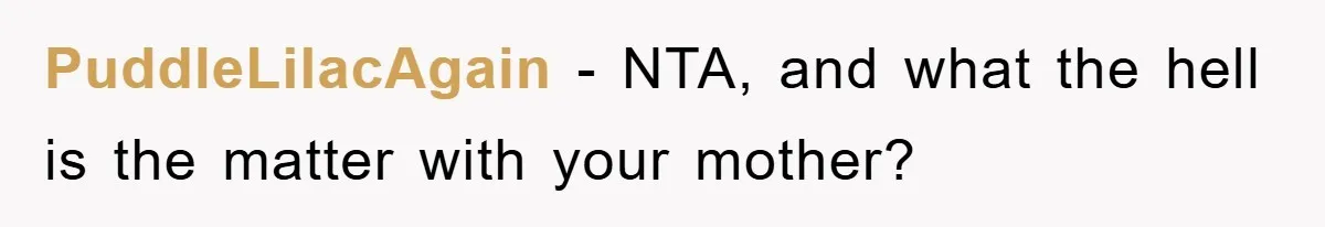 PuddleLilacAgain − NTA, and what the hell is the matter with your mother?