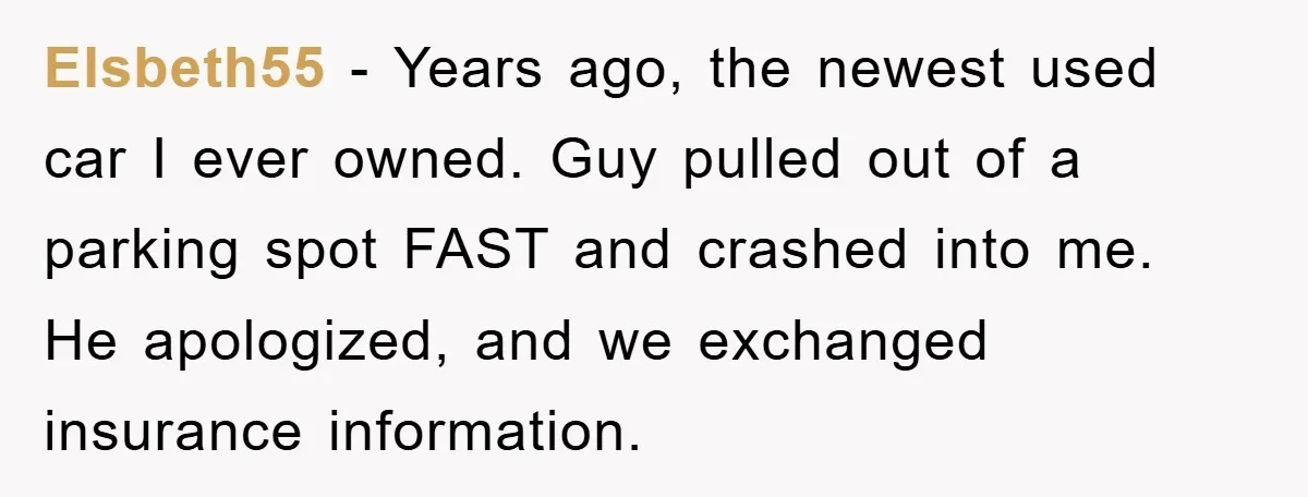 Elsbeth55 − Years ago, the newest used car I ever owned. Guy pulled out of a parking spot FAST and crashed into me. He apologized, and we exchanged insurance information.