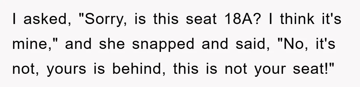 I asked, "Sorry, is this seat 18A? I think it's mine," and she snapped and said, "No, it's not, yours is behind, this is not your seat!"