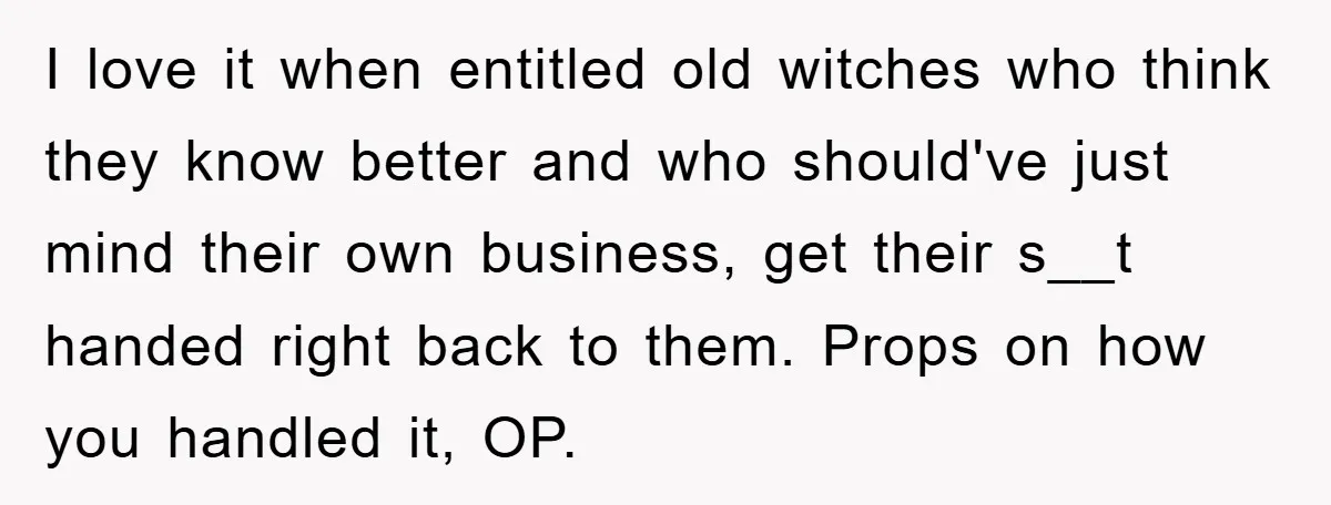 I love it when entitled old witches who think they know better and who should've just mind their own business, get their s__t handed right back to them. Props on...
