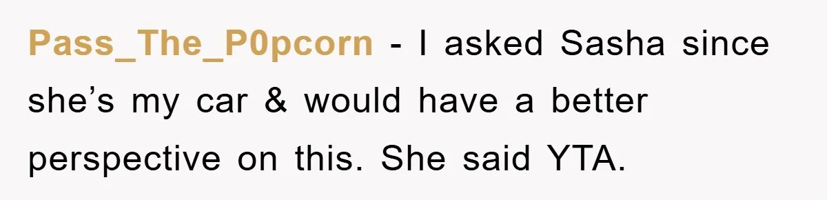 Pass_The_P0pcorn − I asked Sasha since she’s my car & would have a better perspective on this. She said YTA.