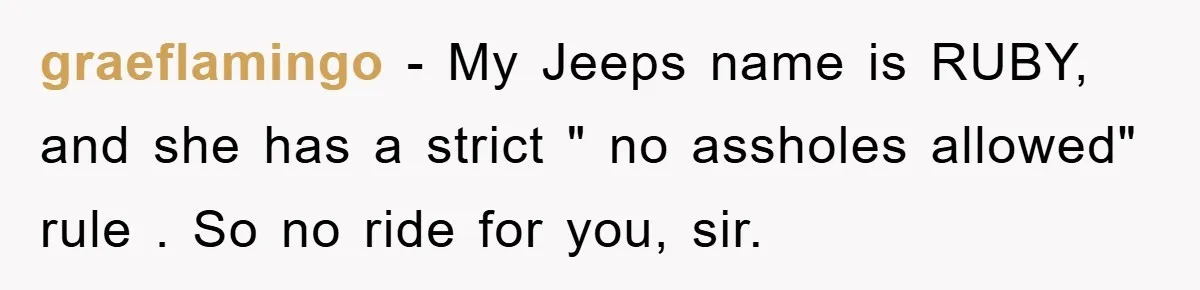 graeflamingo − My Jeeps name is RUBY, and she has a strict " no assholes allowed" rule . So no ride for you, sir.
