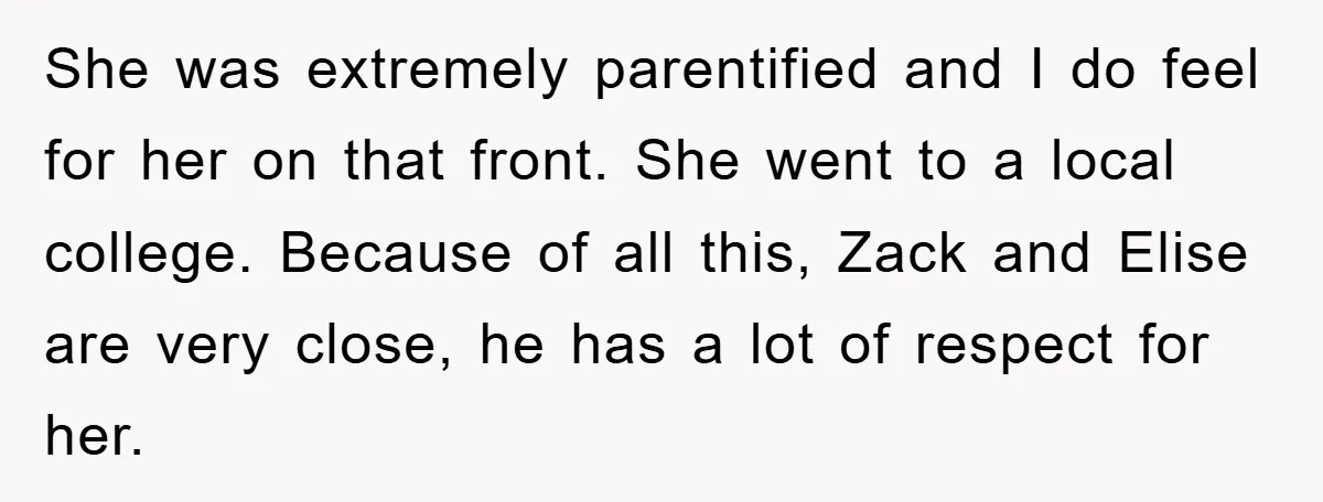 She was extremely parentified and I do feel for her on that front. She went to a local college. Because of all this, Zack and Elise are very close, he...