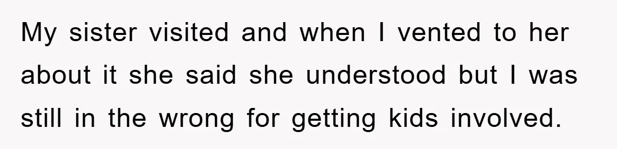My sister visited and when I vented to her about it she said she understood but I was still in the wrong for getting kids involved.