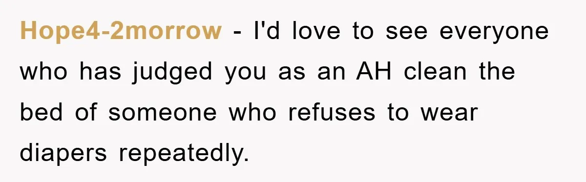 Hope4-2morrow − I'd love to see everyone who has judged you as an AH clean the bed of someone who refuses to wear diapers repeatedly.