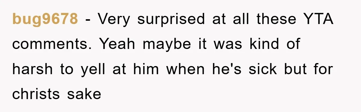bug9678 − Very surprised at all these YTA comments. Yeah maybe it was kind of harsh to yell at him when he's sick but for christs sake