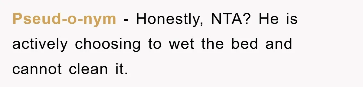 Pseud-o-nym − Honestly, NTA? He is actively choosing to wet the bed and cannot clean it.