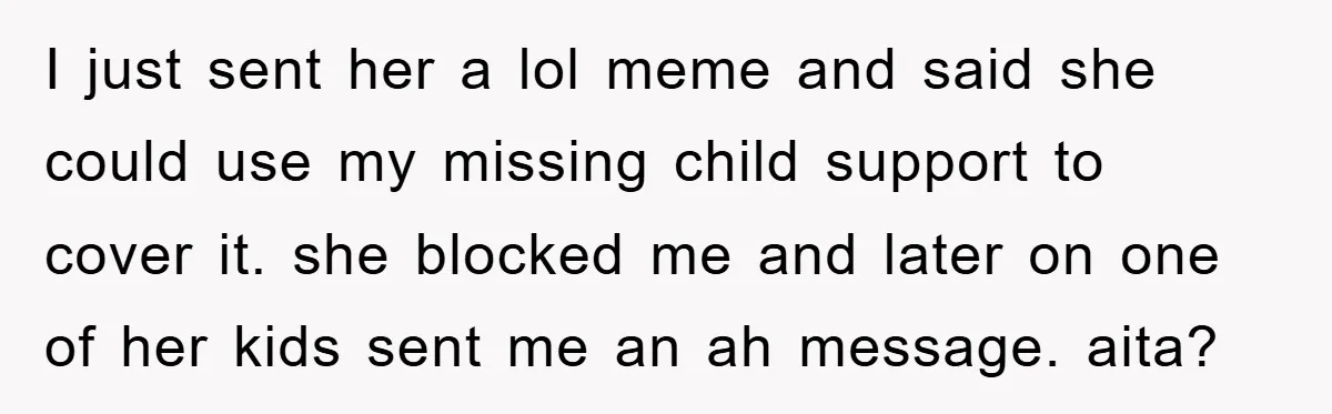 I just sent her a lol meme and said she could use my missing child support to cover it. she blocked me and later on one of her kids sent...