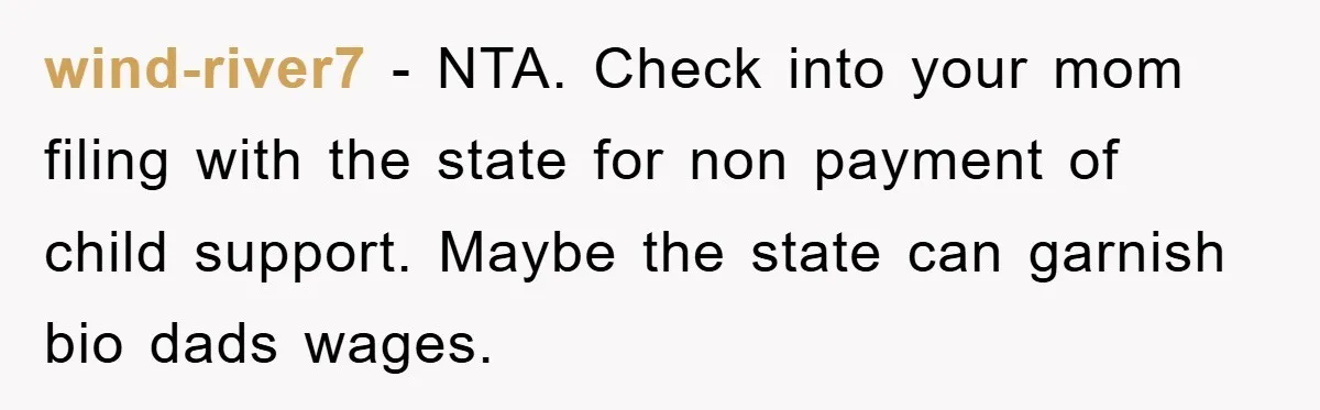 wind-river7 − NTA. Check into your mom filing with the state for non payment of child support. Maybe the state can garnish bio dads wages.