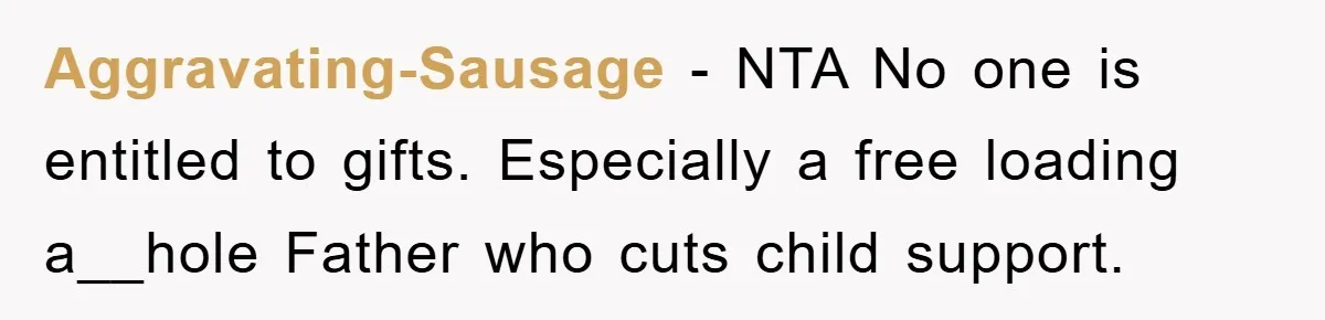 Aggravating-Sausage − NTA No one is entitled to gifts. Especially a free loading a__hole Father who cuts child support.