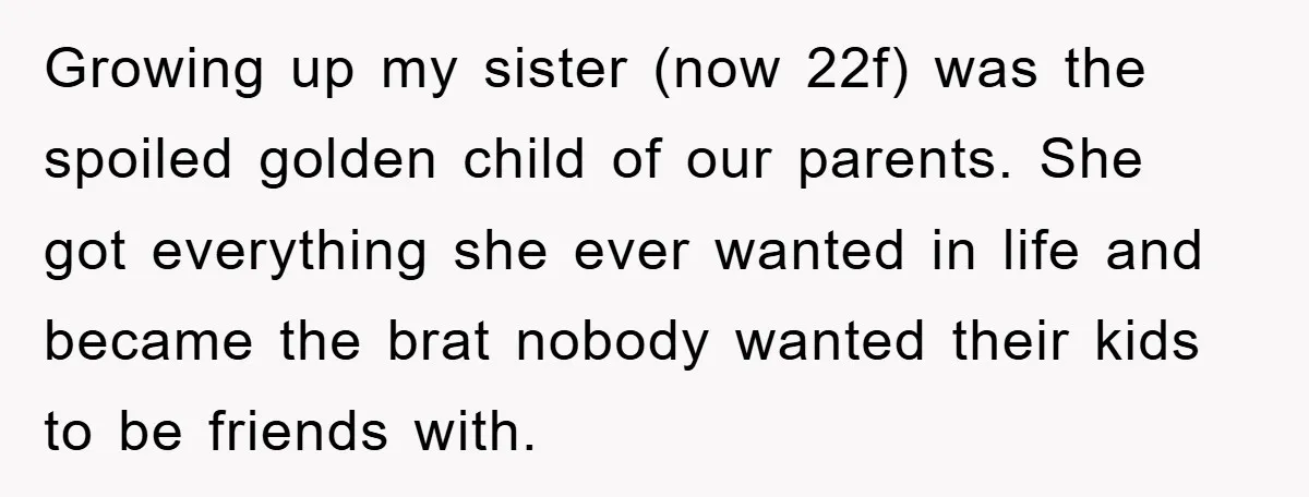 Growing up my sister (now 22f) was the spoiled golden child of our parents. She got everything she ever wanted in life and became the brat nobody wanted their kids...