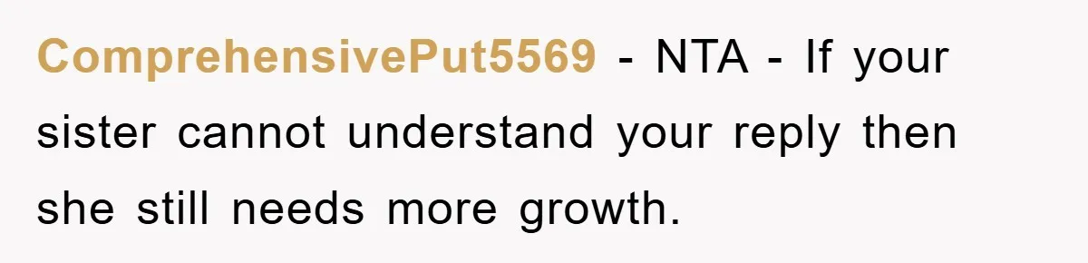 ComprehensivePut5569 − NTA - If your sister cannot understand your reply then she still needs more growth.