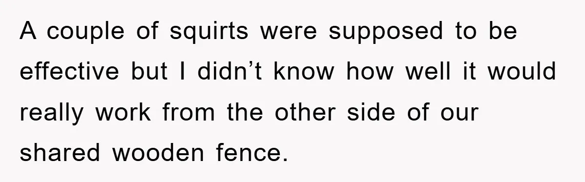 A couple of squirts were supposed to be effective but I didn’t know how well it would really work from the other side of our shared wooden fence.