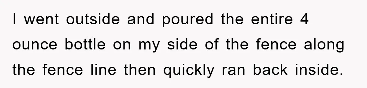 I went outside and poured the entire 4 ounce bottle on my side of the fence along the fence line then quickly ran back inside.