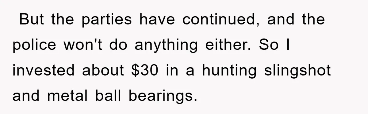 ​ But the parties have continued, and the police won't do anything either. So I invested about $30 in a hunting slingshot and metal ball bearings. ​