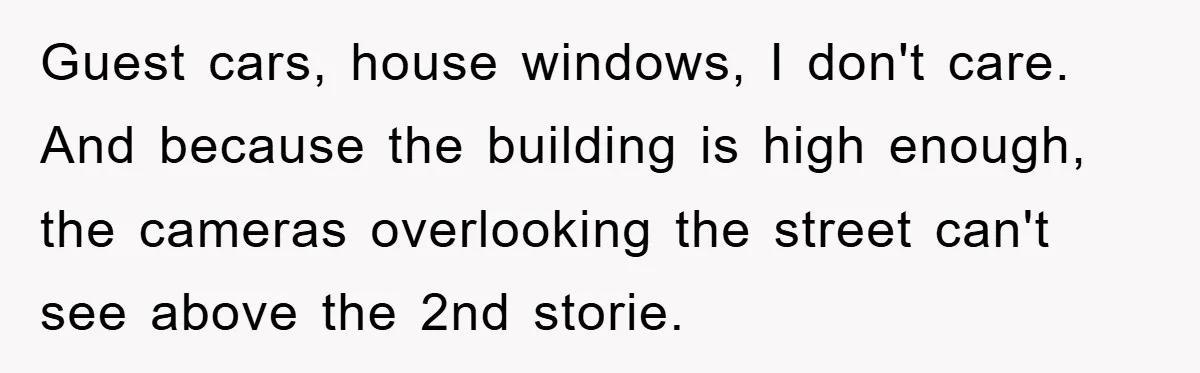 Guest cars, house windows, I don't care. And because the building is high enough, the cameras overlooking the street can't see above the 2nd storie.