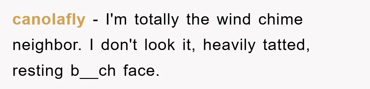 canolafly − I'm totally the wind chime neighbor. I don't look it, heavily tatted, resting b__ch face.