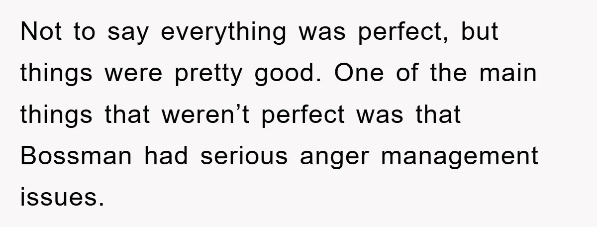 Not to say everything was perfect, but things were pretty good. One of the main things that weren’t perfect was that Bossman had serious anger management issues.