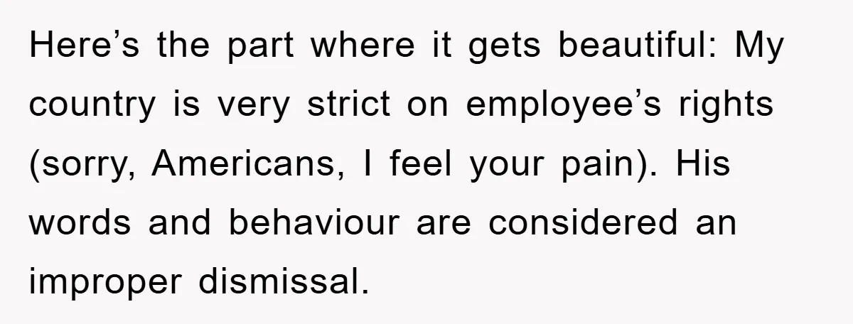 Here’s the part where it gets beautiful: My country is very strict on employee’s rights (sorry, Americans, I feel your pain). His words and behaviour are considered an improper dismissal.