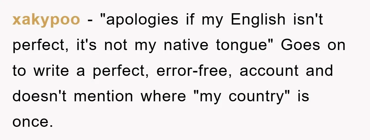 xakypoo − "apologies if my English isn't perfect, it's not my native tongue" Goes on to write a perfect, error-free, account and doesn't mention where "my country" is once.