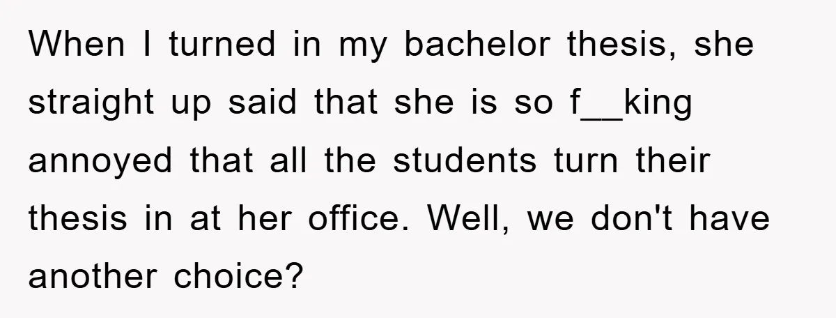 When I turned in my bachelor thesis, she straight up said that she is so f__king annoyed that all the students turn their thesis in at her office. Well, we...