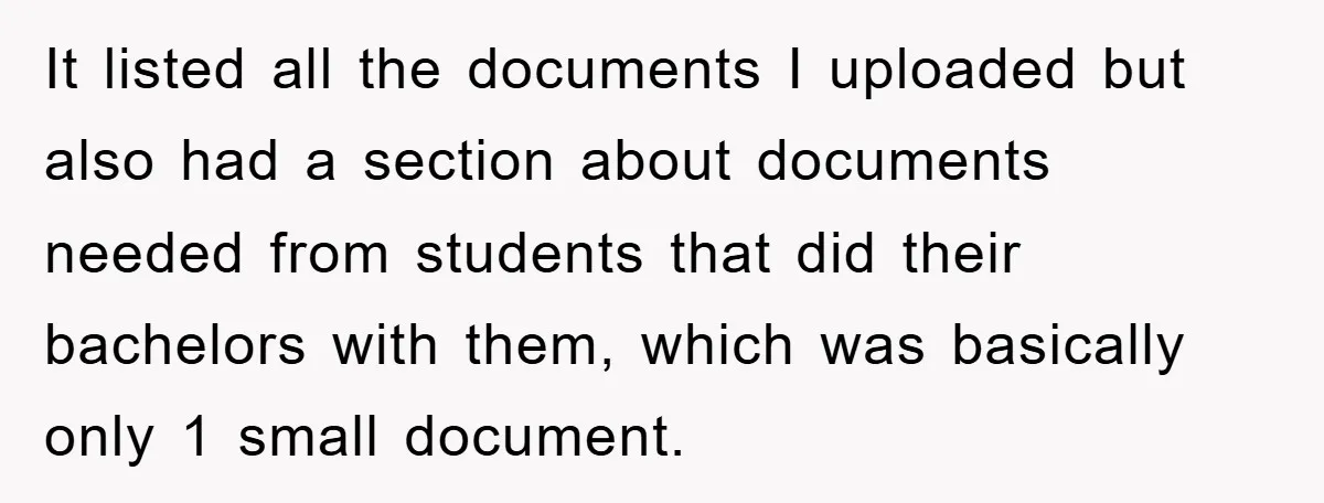 It listed all the documents I uploaded but also had a section about documents needed from students that did their bachelors with them, which was basically only 1 small document.