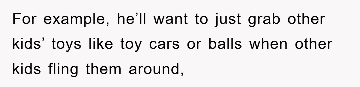 For example, he’ll want to just grab other kids’ toys like toy cars or balls when other kids fling them around,