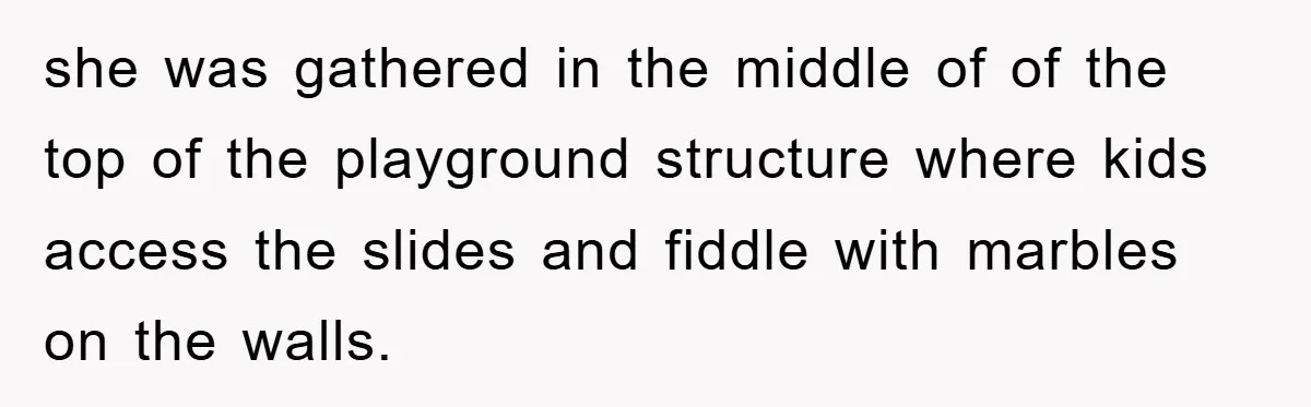 she was gathered in the middle of of the top of the playground structure where kids access the slides and fiddle with marbles on the walls.