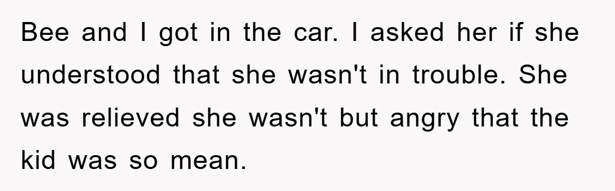 Bee and I got in the car. I asked her if she understood that she wasn't in trouble. She was relieved she wasn't but angry that the kid was so...