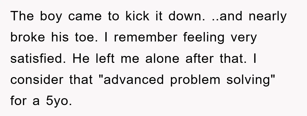 The boy came to kick it down. ..and nearly broke his toe. I remember feeling very satisfied. He left me alone after that. I consider that "advanced problem solving" for...