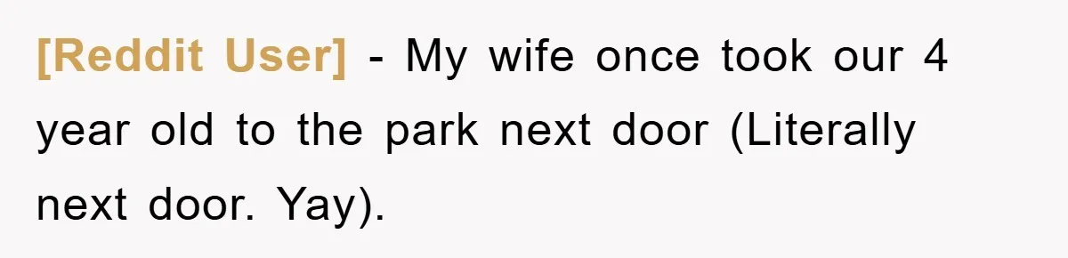 [Reddit User] − My wife once took our 4 year old to the park next door (Literally next door. Yay).