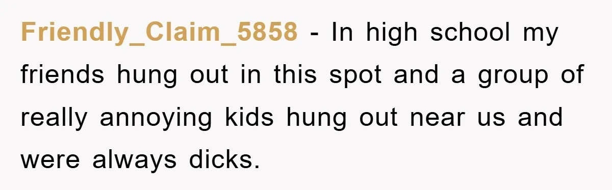 Friendly_Claim_5858 − In high school my friends hung out in this spot and a group of really annoying kids hung out near us and were always dicks.