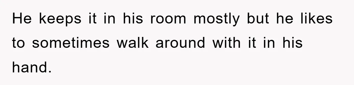 He keeps it in his room mostly but he likes to sometimes walk around with it in his hand.