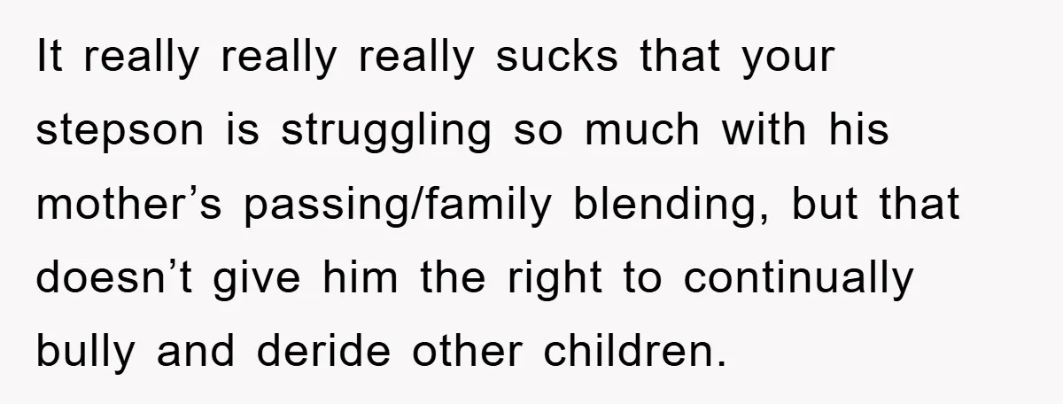 It really really really sucks that your stepson is struggling so much with his mother’s passing/family blending, but that doesn’t give him the right to continually bully and deride other...