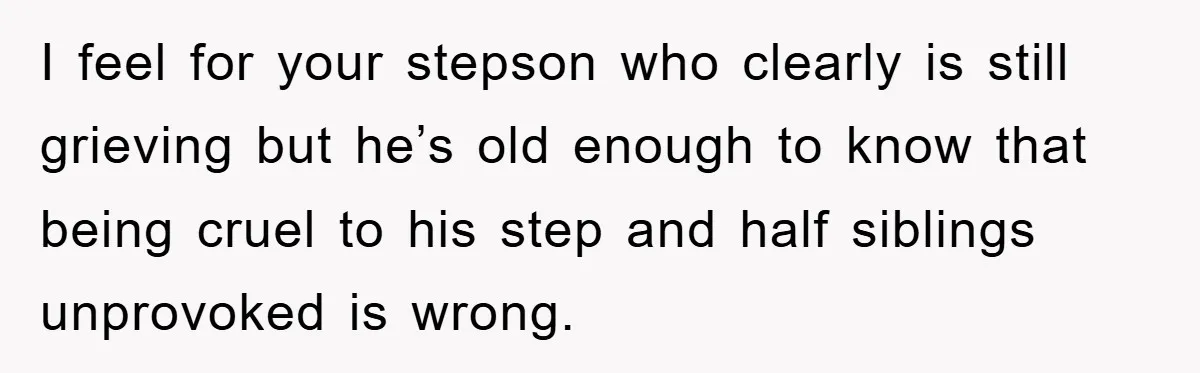 I feel for your stepson who clearly is still grieving but he’s old enough to know that being cruel to his step and half siblings unprovoked is wrong.