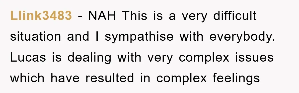 Llink3483 − NAH This is a very difficult situation and I sympathise with everybody. Lucas is dealing with very complex issues which have resulted in complex feelings